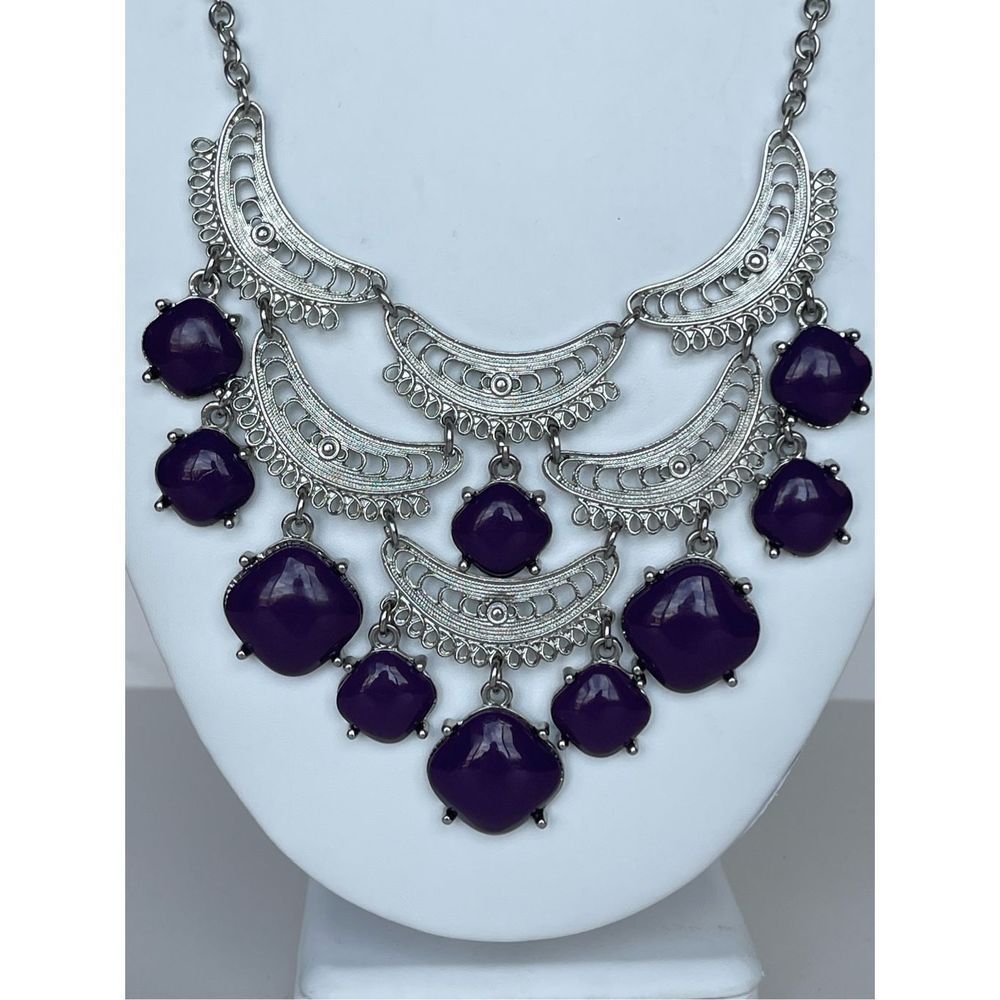 Erica Lyons Deep Purple Bib statement style necklace silver tone